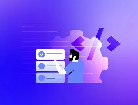 Workflow illustration showing bearded man interacting with digital task lists Stock Illustration