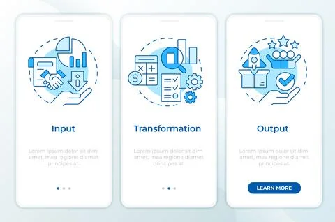 Workflow key components blue onboarding mobile app screen Stock Illustration