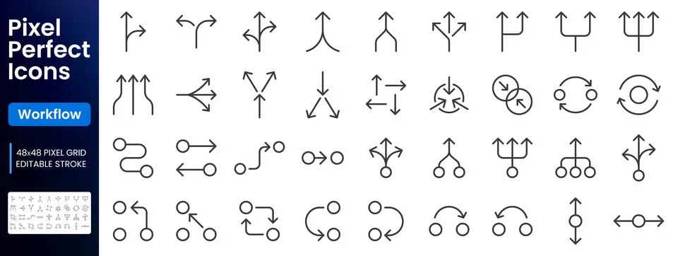 Workflow line icon set. Branching, merge, routing, process flow, decision tree Illustrazione stock