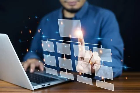 Workflow management concept, Businessman using a computer analysis for proc.. Stockfoto's