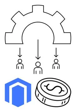 Workflow Management Concept with Team Distribution and Financial Elements Illustrazione stock