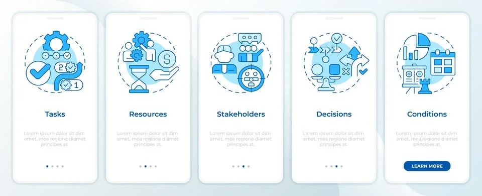 Workflow management elements blue onboarding mobile app screen Stock Illustration