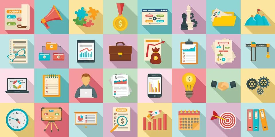 Workflow management icons set, flat style Stock Illustration