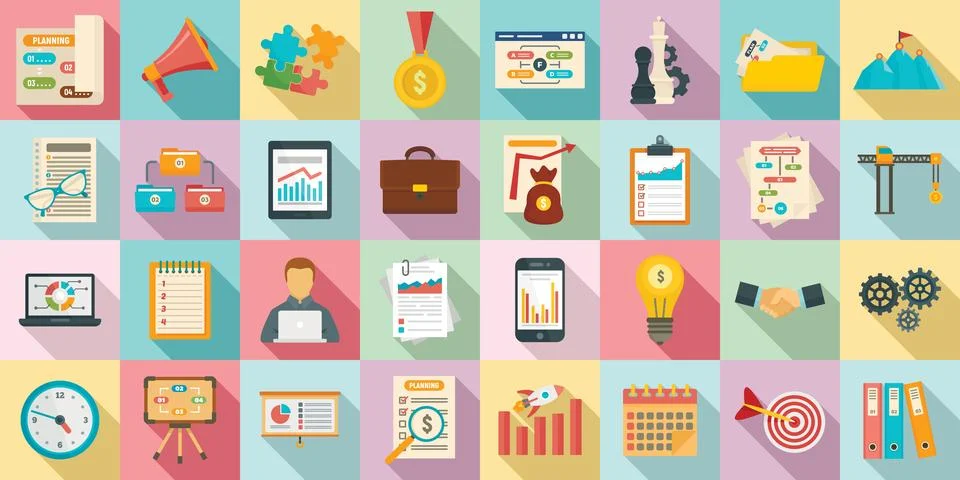 Workflow management icons set, flat style Stock Illustration