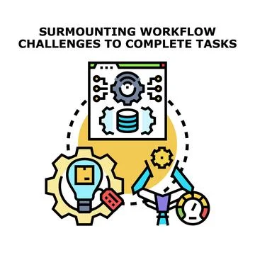 Workflow management process, overcoming challenges, completing tasks Illustrazione stock