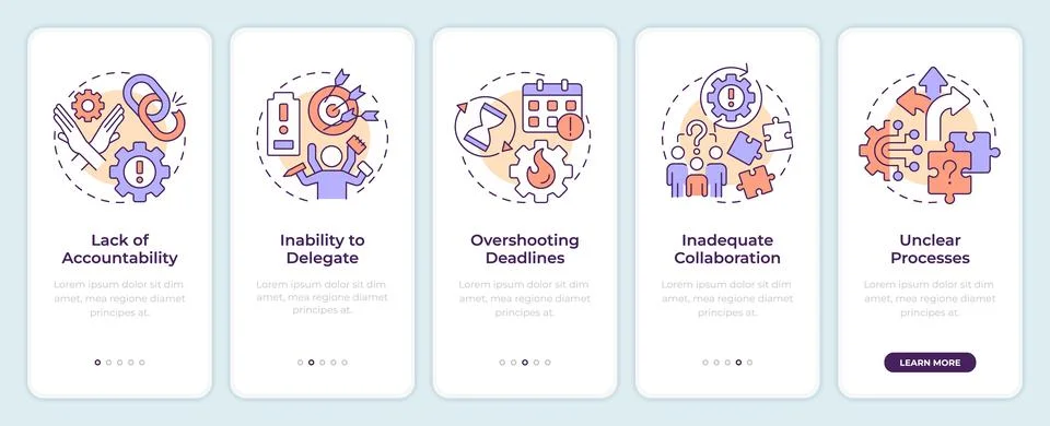 Workflow obstacles onboarding mobile app screen Stock Illustration