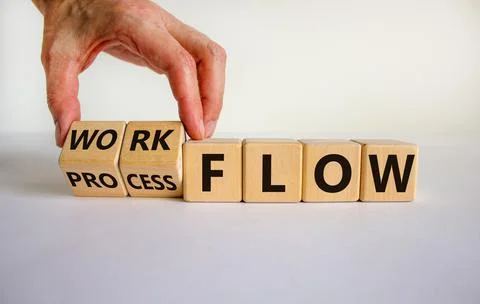 Workflow or process flow symbol. Male hand flips wooden cubes and changes wor Stock Photos