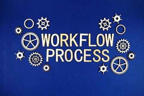 Workflow Process alphabet letters with gears element on navy blue background Stock Photos
