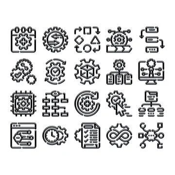 Workflow process automation and development strategy icons Ilustración de archivo