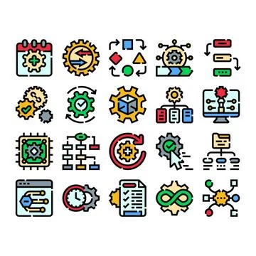 Workflow process automation system management flat line icons Ilustración de archivo