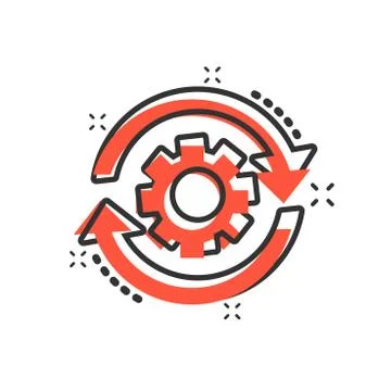Workflow process icon in comic style. Gear cog wheel with arrows vector carto Stock Illustration