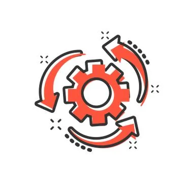 Workflow process icon in comic style. Gear cog wheel with arrows vector carto Stock Illustration