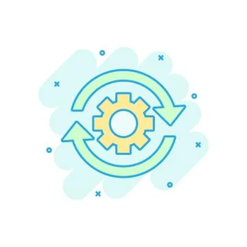 Workflow process icon in comic style. Gear cog wheel with arrows vector carto Stock Illustration