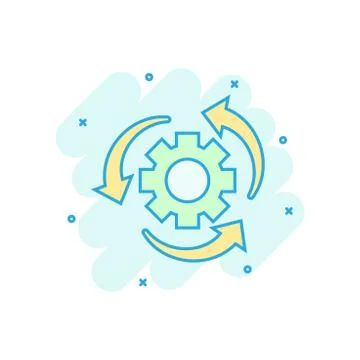 Workflow process icon in comic style. Gear cog wheel with arrows vector carto Stock Illustration