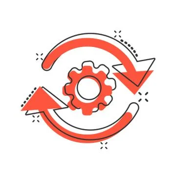 Workflow process icon in comic style. Gear cog wheel with arrows vector carto Stock Illustration