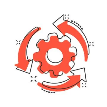 Workflow process icon in comic style. Gear cog wheel with arrows vector carto Stock Illustration
