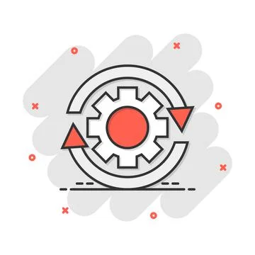 Workflow process icon in comic style. Gear cog wheel with arrows vector carto Stock Illustration