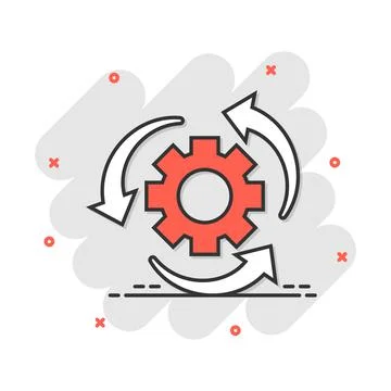 Workflow process icon in comic style. Gear cog wheel with arrows vector carto Stock Illustration
