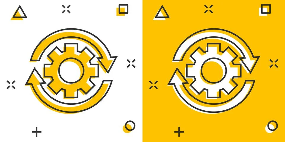 Workflow process icon in comic style. Gear cog wheel with arrows vector carto Stock Illustration