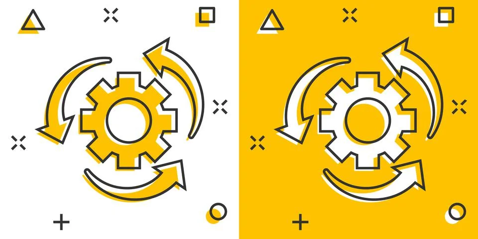 Workflow process icon in comic style. Gear cog wheel with arrows vector carto Stock Illustration