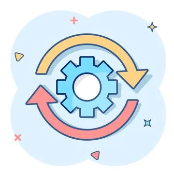 Workflow process icon in comic style. Gear cog wheel with arrows vector carto Stock Illustration