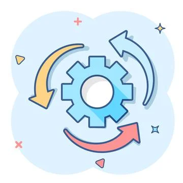 Workflow process icon in comic style. Gear cog wheel with arrows vector carto Stock Illustration