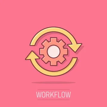 Workflow process icon in comic style. Gear cog wheel with arrows vector car.. Stock Illustration