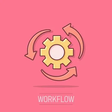 Workflow process icon in comic style. Gear cog wheel with arrows vector car.. Stock Illustration