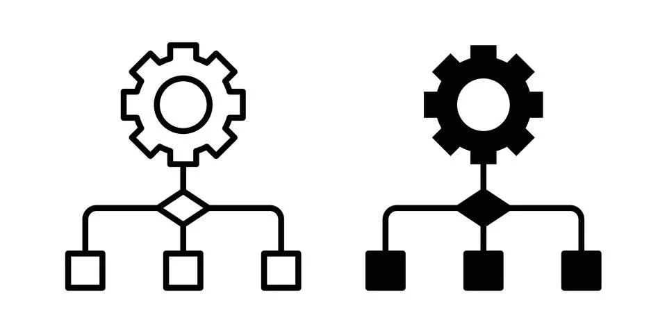 Workflow process icon solid, line, and editable vector set. Stock Illustration