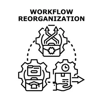 Workflow reorganization concept with gears arrows briefcase Illustrazione stock