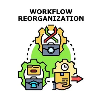 Workflow reorganization concept with gears arrows briefcase Illustrazione stock