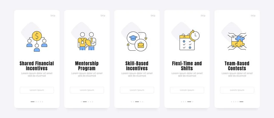 Workforce engagement strategy frameworks onboarding screens Illustrazione stock