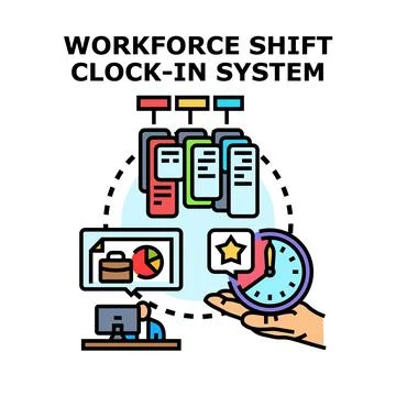 Workforce shift clock in system automation with data management Illustrazione stock