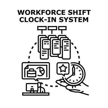 Workforce shift clock in system automation with data management Stock Illustration