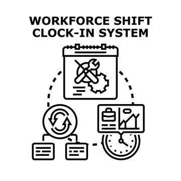 Workforce shift clock in system management developing process Stock Illustration