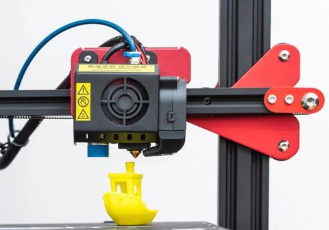 Working 3d printer. Printhead with hotend and fan close-up. Isolated on white Stock Photos