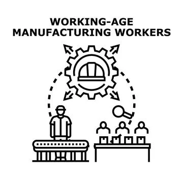 Working age manufacturing workers on production pipeline developing goods Illustrazione stock