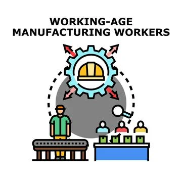 Working age manufacturing workers on production pipeline developing goods Stock Illustration
