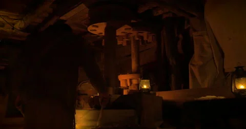 Working in an ancient wooden mill Stock Footage 50381669