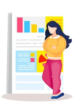Working and analyzing financial data. Girl standing next to the cover of the 스톡 일러스트