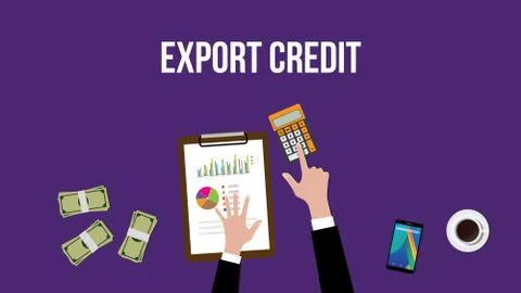 Working and calculating export credit on a table with money  calculator  top Stock Illustration