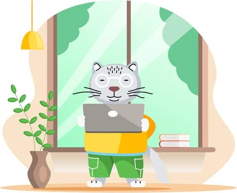 Working animals cute cartoon character works at home with laptop, performs work Illustrazione stock