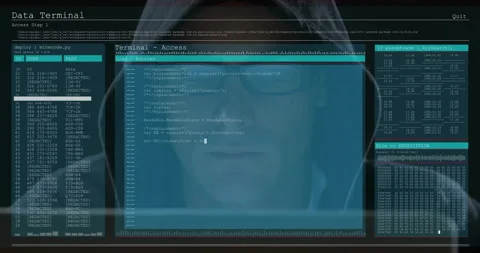 Working on animation, hacker in hooded jacket coding on computer screen Stock Footage 303870244