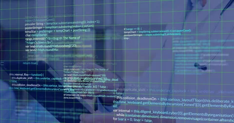 Working on animation, person using computer with code and data grid overlay Stock Footage 303941585