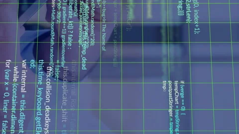 Working on animation, person using computer with code and data grid overlay Stock Footage 313425597