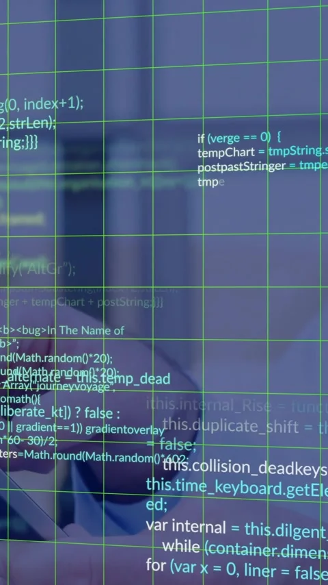 Working on animation, person using computer with code and data grid overlay Stock Footage 319727204