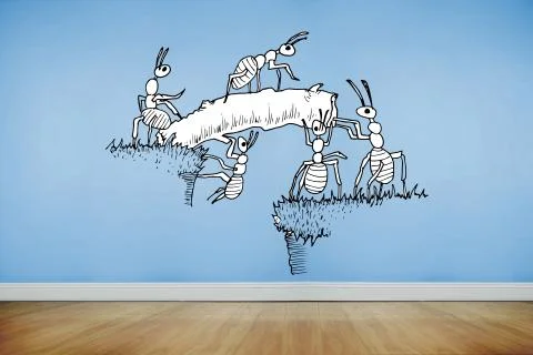 Working ants on blue wall Stock Illustration