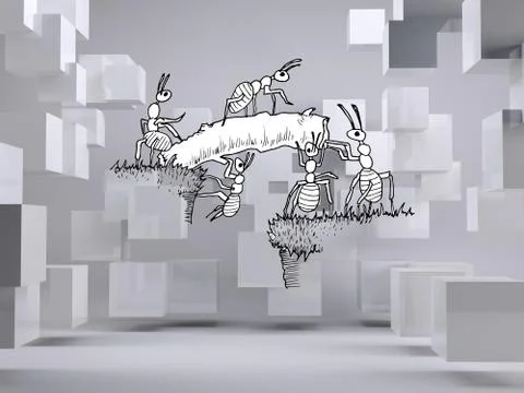 Working ants on grey background with cubes Stock Illustration