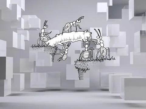 Working ants on grey background with cubes Stock Illustration