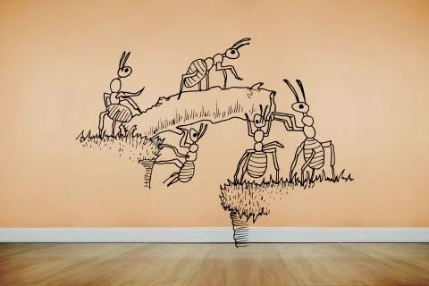 Working ants on orange wall Stock Illustration